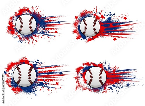 Baseball or softball sport grunge banners. Baseball ball flying with speed, red and blue paint vector splashes, star and halftone. Softball sport team fan club, tournament or championship retro banner
