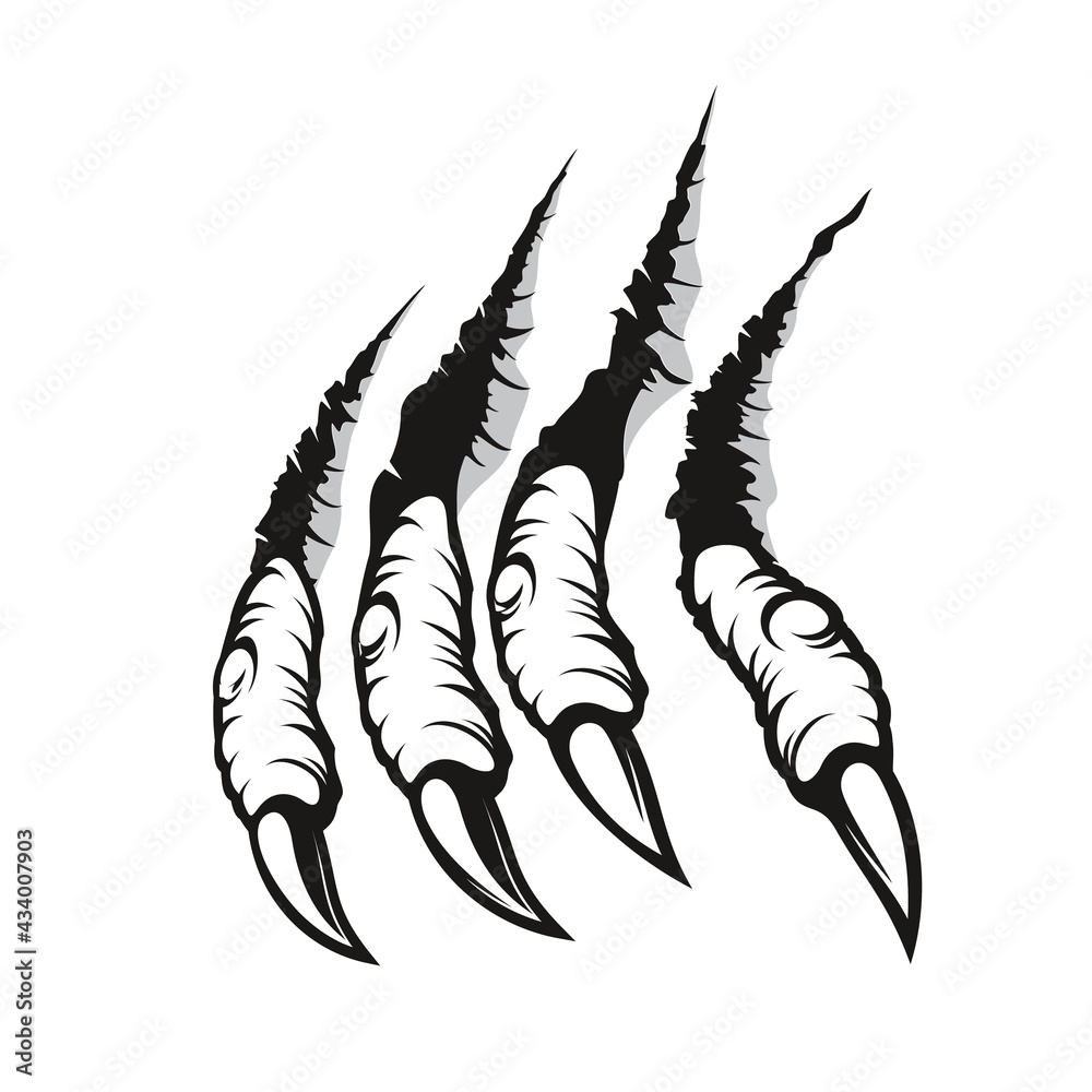 Dragon claw marks, monster fingers with long nails scratch and tear through paper or wall. Vector wild animal rips, paw sherds, beast break, four talons traces or marks isolated on white background - obrazy, fototapety, plakaty 