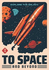 Poster - Space planets and spaceship vector design of astronomy and space travel retro poster. Rocket with shuttle orbiter floating through universe galaxy, Moon, Saturn, Mars and Neptune, stars and meteors