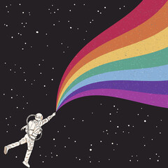 Canvas Print - Astronaut in spacesuit. Cosmonaut holding rainbow. Stars in space