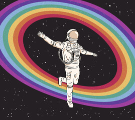 Canvas Print - Astronaut in spacesuit. Flying cosmonaut. Abstract rainbow in space