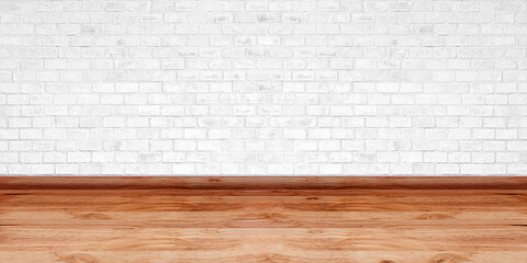 Canvas Print - Room interior vintage with white brick wall and wood floor texture for design artwork.