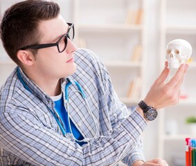 Wall Mural - Medical student studying skeleton in classroom during lecture