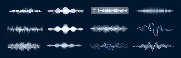 Aufkleber - Varied sound waves, beautiful set one color. Concept voice assistant, equalizer and sound recognition. Suitable for App, UI, UX design. Hi-tech AI assistant voice. HUD graph signal Sound Waves. Vector