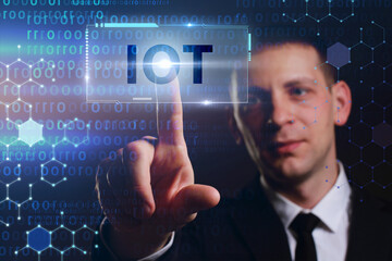 business, technology, internet and network concept. young businessman working on a virtual screen of