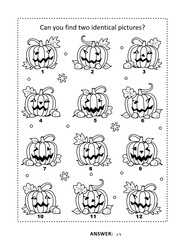 Halloween puzzle page with pumpkin: Can you find two identical pictures? Answer included.
