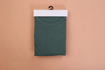 Poster - Folded green tshirts with packaging on wooden background