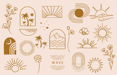 Wall Mural - collection of line design with sun,sea,wave.editable vector illustration for website, sticker, tatto