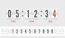 White Scoreboard Countdown Number Font With Shadows Isolated On Transparent Background. Retro Design Score Board Clock Template. Vintage Flip Clock Time Counter Vector Template.