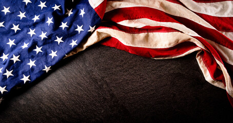 Happy Memorial day, Independence day concept made from american flag on dark stone background.