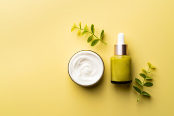 Set of natural cosmetics for face care serum bottle and cream on yellow background, top view