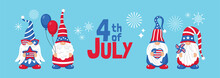4th Of July USA Independence Day Banner Design With Cute Gnome Character. Template For Cards, Posters And Party Invitations.