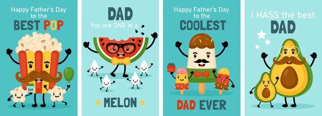 Wall Mural - Happy Father's day greeting card set with cute funny food.