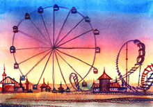 Picturesque Hand Drawn Landscape With Amusement Park. Colorful Silhouettes Of Attractions With High Ferris Wheel And Roller Coaster Against Wonderful Sunset Gradient Sky. Park Of Attractions