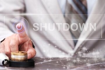 Poster - Businessman hand press shutdown button on virtual screen. shutdown screen concept, Free space for text, technology touch virtual screen concept