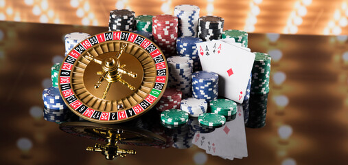 Poker Chips, Roulette wheel in motion, casino background