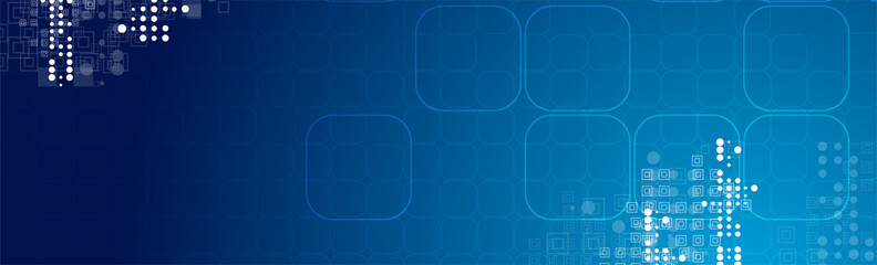 bright blue geometric banner with small squares and dots. technology vector background