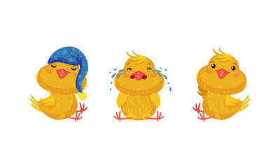 Poster - Cute Chicken Wearing Night Cap and Crying Vector Set