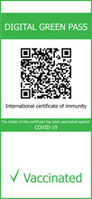 Template of digital green pass. The holder of this certificate has been vaccinated against