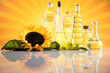 Cooking oils, Olive oil, Rape, Sunflower flowers in bottles