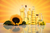 Fototapeta Zwierzęta - Cooking oils, Olive oil, Rape, Sunflower flowers in bottles