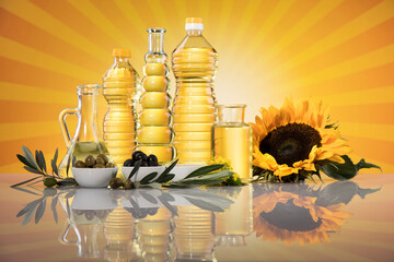 Wall Mural - Cooking oils, Olive oil, Rape, Sunflower flowers in bottles