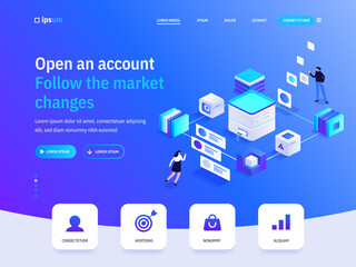 Poster - Vector landing page of Open an account Follow the market changes isometric concept. Investment, online banking, financial tools, bank transaction. Illustration of advertising banner in isometry design