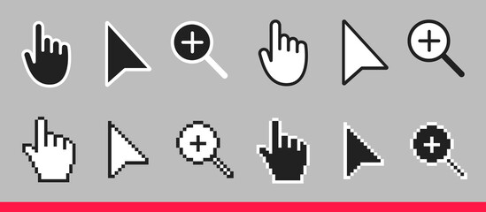 Leinwandbilder - Black and white arrow, hand and magnifier non pixel mouse cursor icons vector illustration set flat style design isolated on gray background.