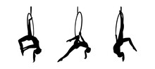 Silhouettes Of Lyra Acrobats. Air Sport Performed By Woman. Vector Illustration