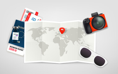 Aufkleber - Travel in covid-19 pandemic. Illustration with paper map, digital camera, id and covid passport