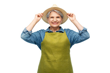 Poster - gardening, farming and old people concept - portrait of smiling senior woman in green garden apron and straw hat over white background