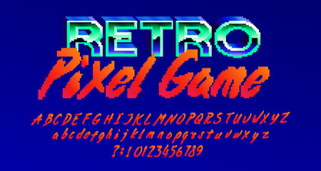 Poster - Retro Pixel Game alphabet font. Pixel script letters, numbers and punctuations. 80s arcade video game typescript.