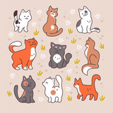 Fototapeta Pokój dzieciecy - Collection of cute funny cat characters sitting, standing, walking smiling isolated on white background. Vector hand drawn cartoon flat illustration. For stickers, banners, cards.