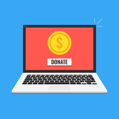 Poster - Donate online concept. Laptop with gold coin and button on screen. Vector illustration.
