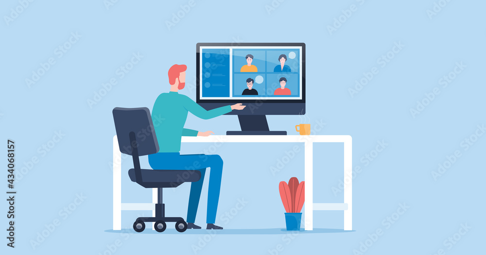 flat vector people online video conference for meeting with remote technology working and people work from home and business smart working online connect anywhere concept - obrazy, fototapety, plakaty 