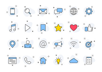 Fototapete - Set of 24 Media web icons in line style. Social, networks, feedback, communication, marketing, thumb up. Vector illustration.