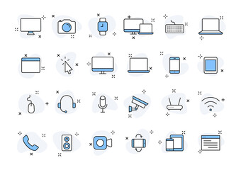 Fototapete - Set of 24 Technology and Electronics and Devices web icons in line style. Device, phone, laptop, communication, smartphone, ecommerce. Vector illustration.