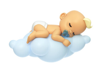 baby sleeping on a cloud 3d illustration, cartoon baby character 3d rendering