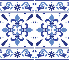 Wall Mural - Portuguese Azulejo tile seamless vector decrative pattern with fleur de lis motif, navy blue geometric design with frame or border
