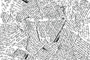 Fototapete - Grunge texture of unreadable sloppy handwriting on scraps of paper. The torn emails are in a disordered order. Background. Vector illustration. Overlay Template.