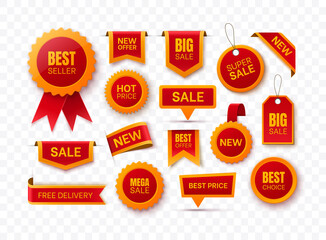 Wall Mural - Big Collection of Red Price Tags, Promo Labels and Discount Badges. New Offer Tags. Sale Stickers and Ribbons. Vector illustration