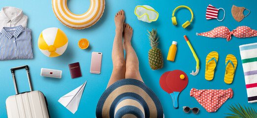 Wall Mural - Flat lay top view of woman, summer holiday, coronavirus, travel and new normal concept.