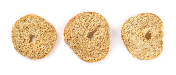 Wall Mural - Three bread crisps with bran and salt, bread rusks set and collection isolated on white background, top view