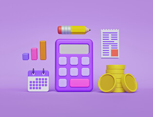 Poster - calculator, pencil, calendar, coins. Budget planning, Financial calculation and money saving concept. 3d rendering