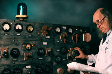 Wall Mural - Scientist working in its laboratory, doing a physics experiment, reading the user manual