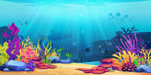 Coral Reef Underwater World With Marine Animals Silhouettes And Algae Seaweeds, Sea Bottom Cartoon Background. Vector Undersea Plants, Aquarium With Seafloor, Marine Wildlife Scenery On Depth