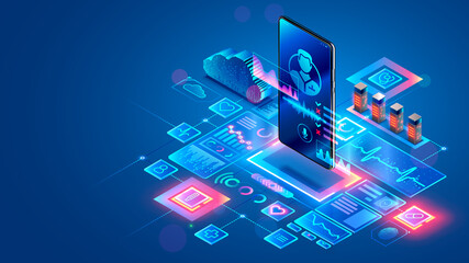 Poster - Doctor online. Medical technology. Telemedicine. Medicine consultation with physician in internet clinic. Online medical clinic communication with patient through mobile phone. Health care future.