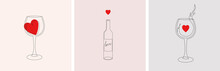 Set Of Trendy Wine Single Line Illustrations In Minimalist Style. Wine Bottle And Glass Contour Drawing With Red Heart Symbol In Vector