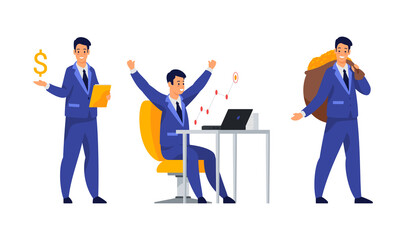 Poster - Set of businessman in different situations. Financier with money. Analyst works at the computer. Flat vector illustration isolated on white. Male cartoon character in business suit working in office