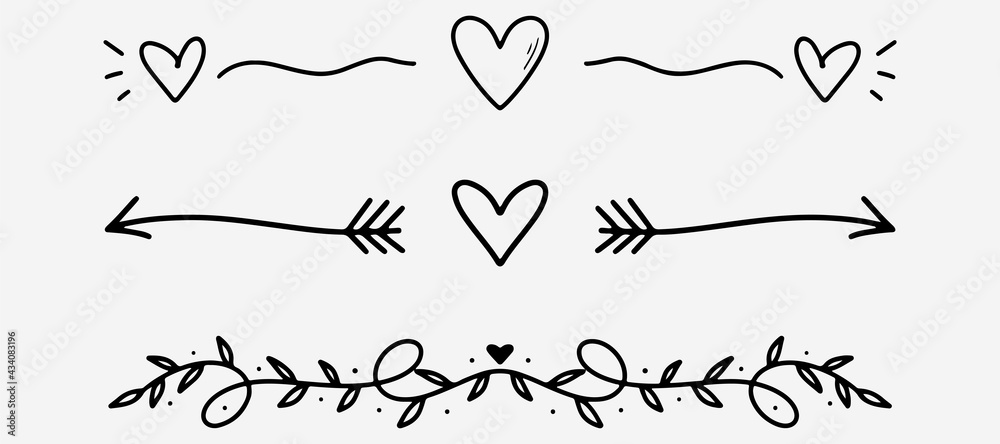 Love dividers sketch. Hand drawn romantic divider in doodle style. Heart shape with arrows doodle. Handdrawn decorative art shape. Vector EPS 10 - obrazy, fototapety, plakaty 